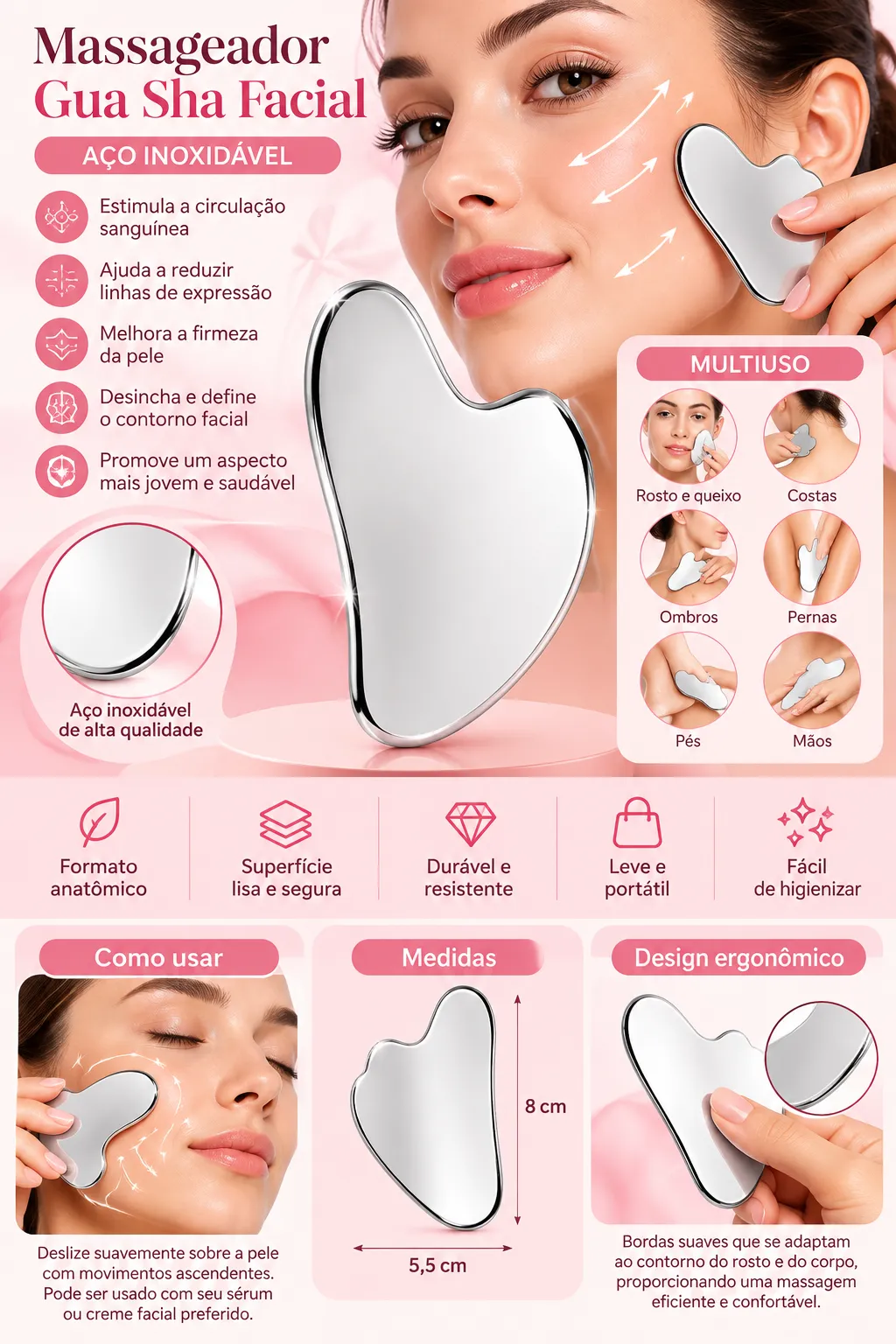 ANA 1108 Massageador Facial e Corporal Aço Inox Gua Sha Raspagem Skincare Rosto Relaxamento SPA Lifting Facial