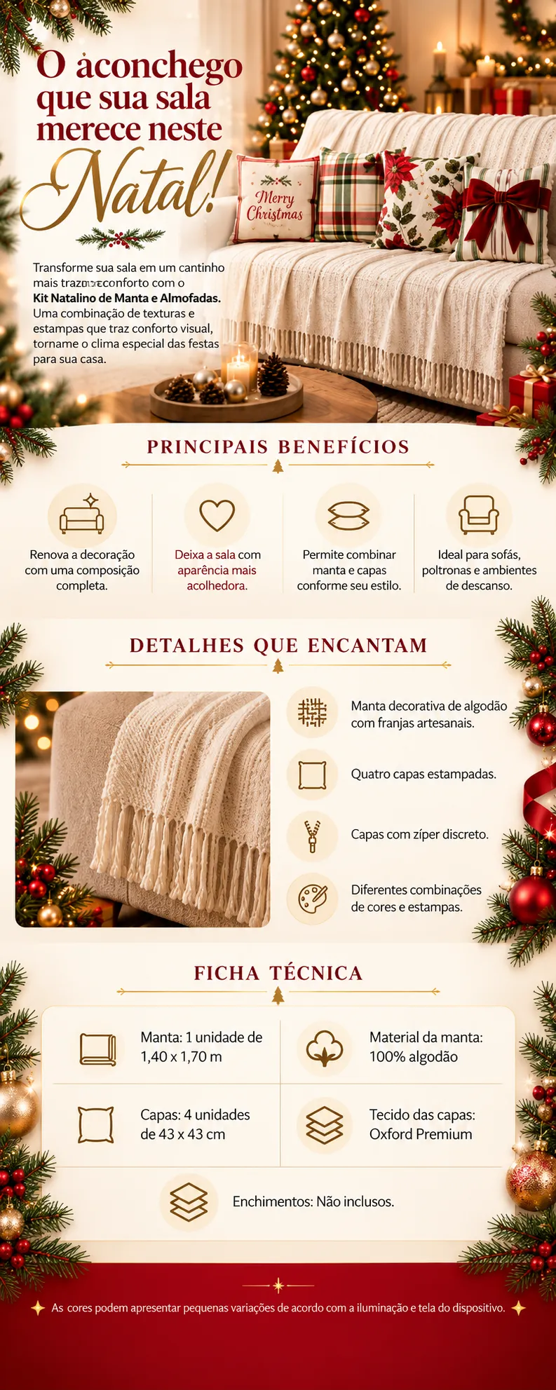 KIT MANTA Decorativa Natal + 4 Capas de Almofadas Estampa Digital ✅