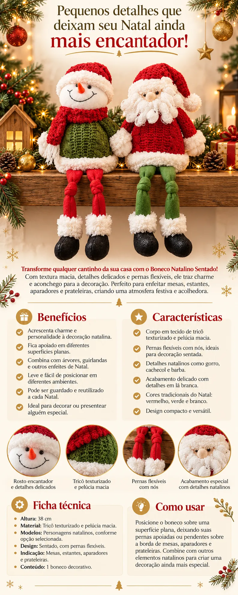 ENFEITE boneco pelucia sentado – PAPAI NOEL E BONECO DE NEVE ⛄