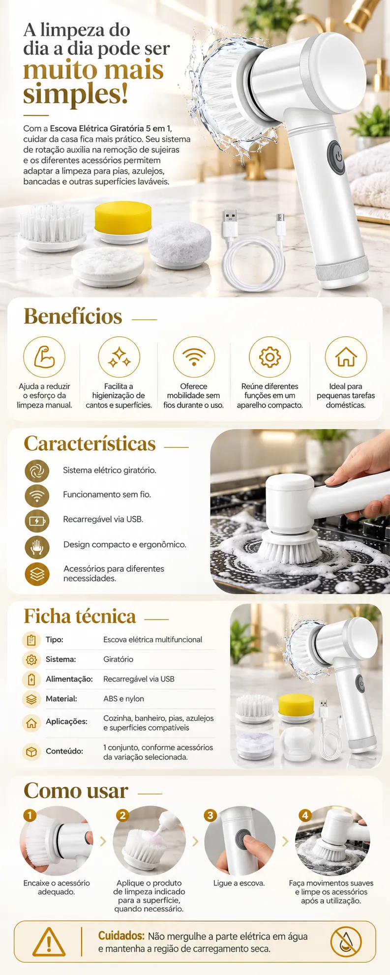 ESCOVA ELÉTRICA Para Limpeza 5 em 1 Giratória Sem Fio Recarregável Multiuso ✅