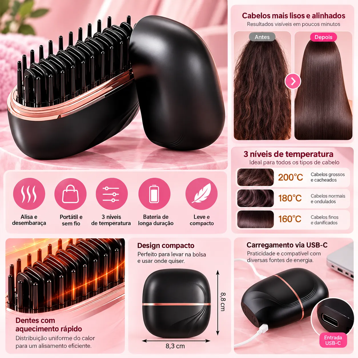 Mini Pente Alisador De Cabelo Encaracolado Sem Fio 2 Em 1 , Controle De Temperatura De 3 Velocidades , Escova De Estilo