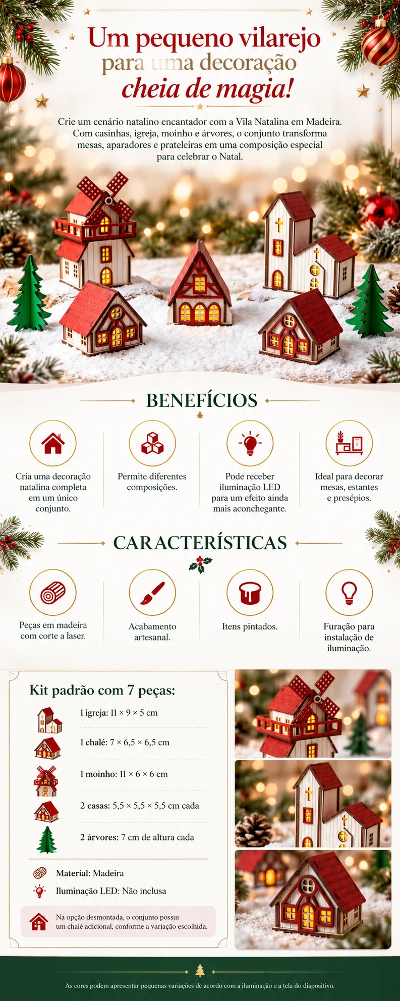 VILA NATALINA Decoração de Natal 7 peças Madeira  ✅