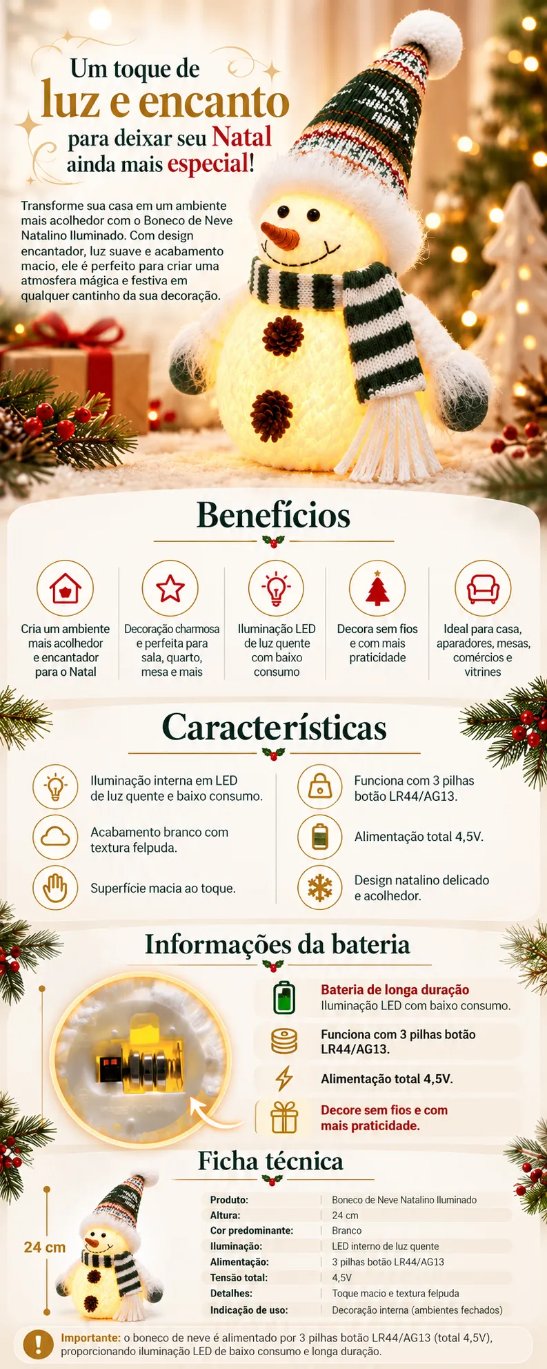 Boneco De Neve Com Led Enfeite Natalino Decoração De Natal Branco Luz