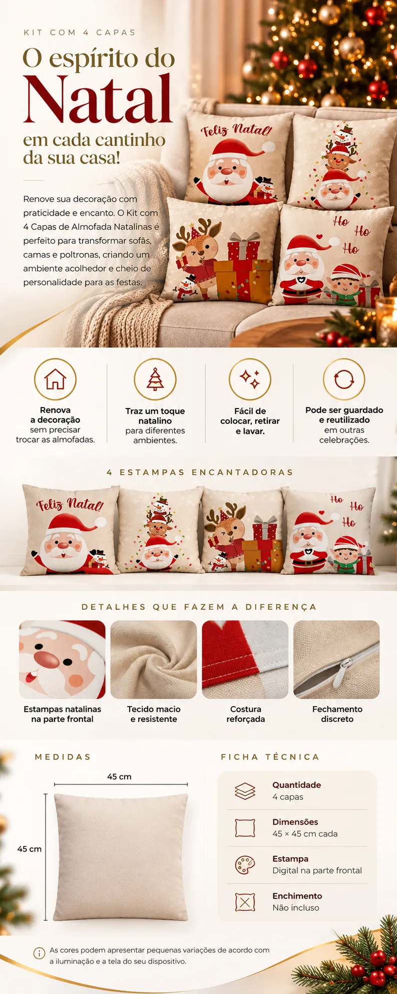 CAPAS NATALINAS Kit com 4 Capas para Almofadas Decorativas 45X45 ✅