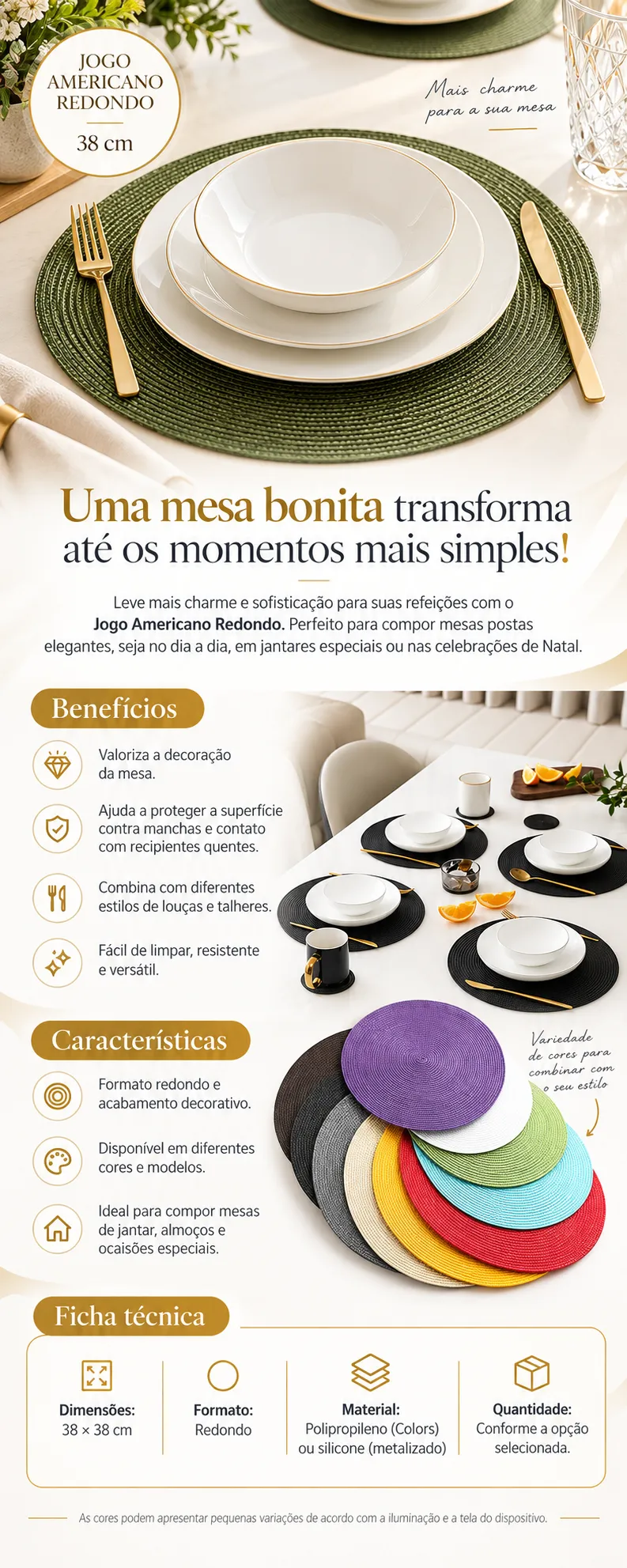 JOGO AMERICANO Redondo Sousplat Mesa Posta Cozinha Jantar Decorativo Natal 38cm ✅