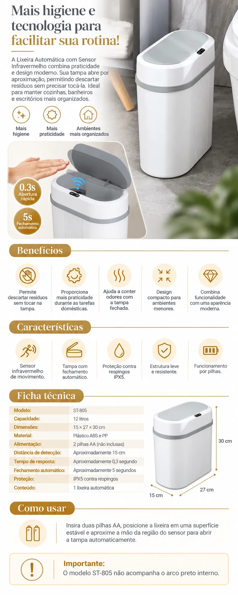 LIXEIRA AUTOMÁTICA 12 Litros Com Sensor Infravermelho Tampa Para Cozinha Banheiro Escritório Quarto ✅