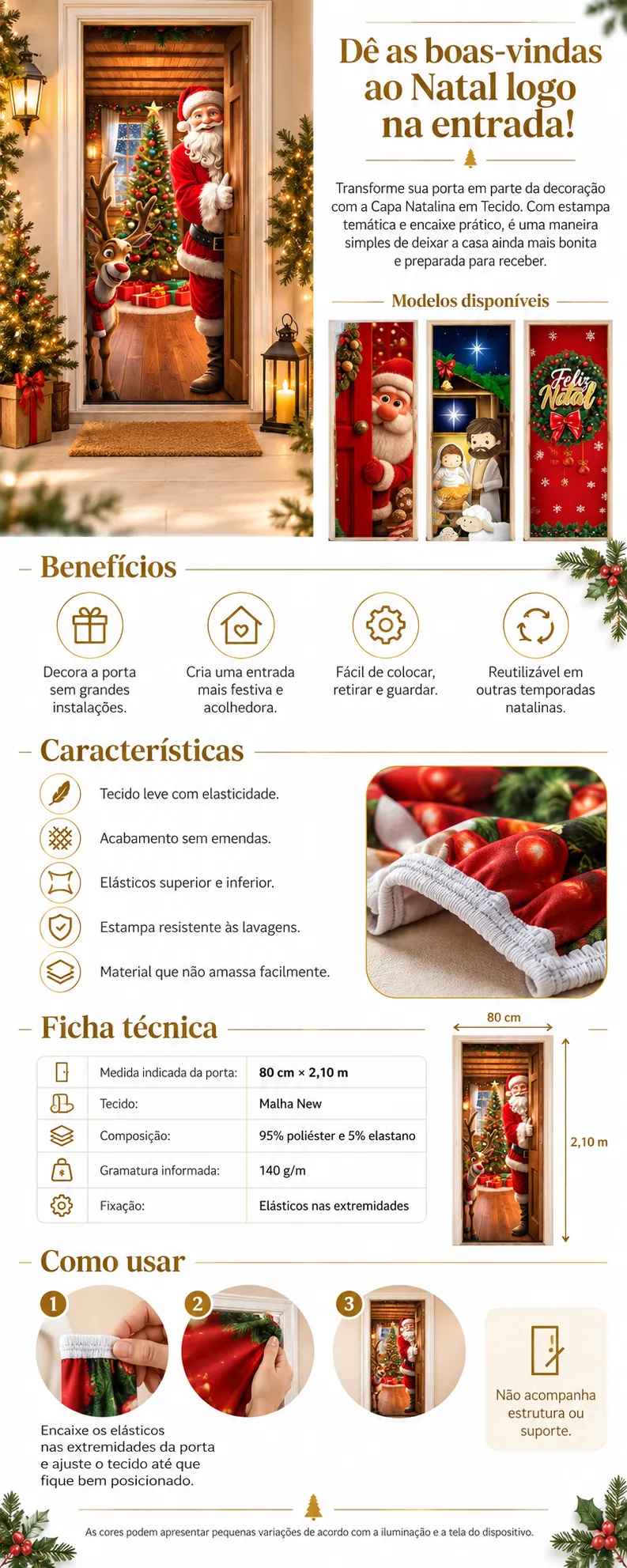 CAPA PARA PORTA Decoração Natal Em Tecido Sublimado c/Elástico 0,80cm x 2,10m ✅
