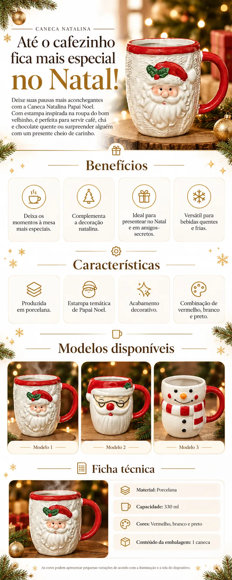 CANECA DE NATAL PORCELANA PAPAI NOEL 330ML ✅