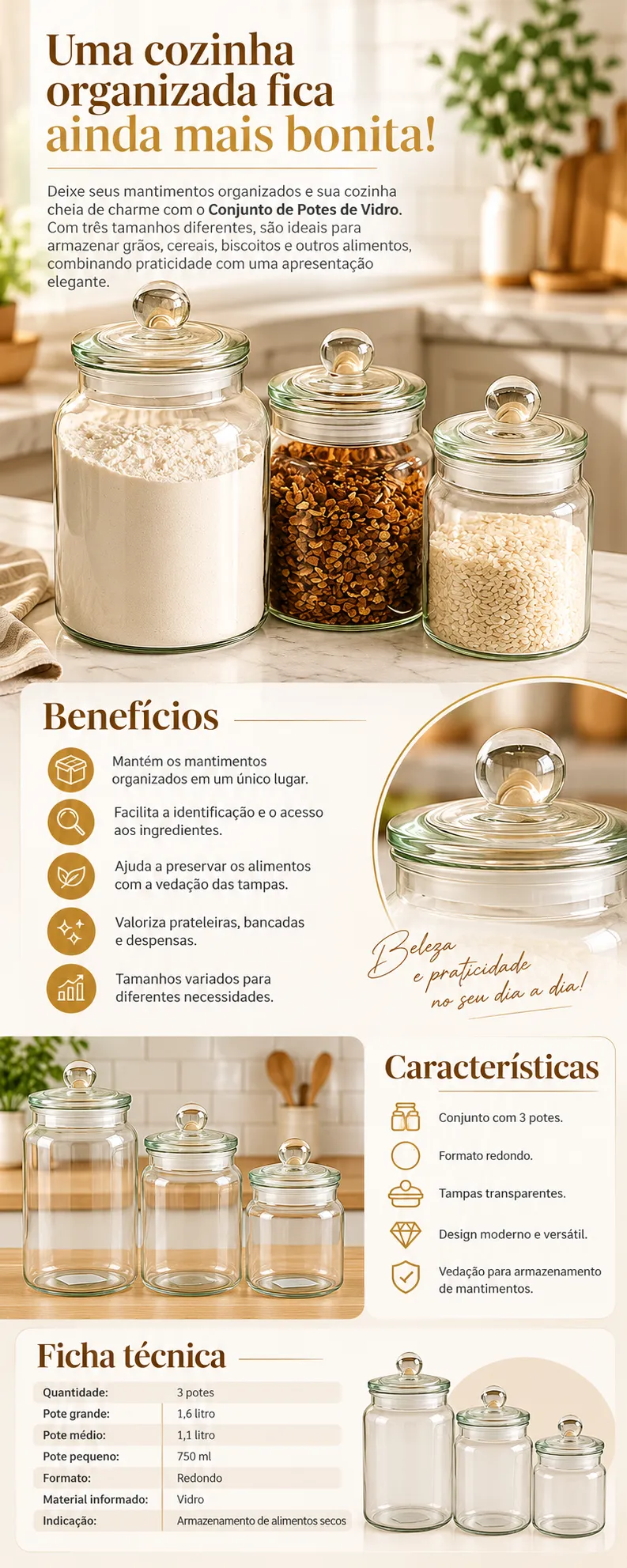 POTE DE VIDRO com Tampa para Mantimentos e Utensílios Tampa Transparente ✅