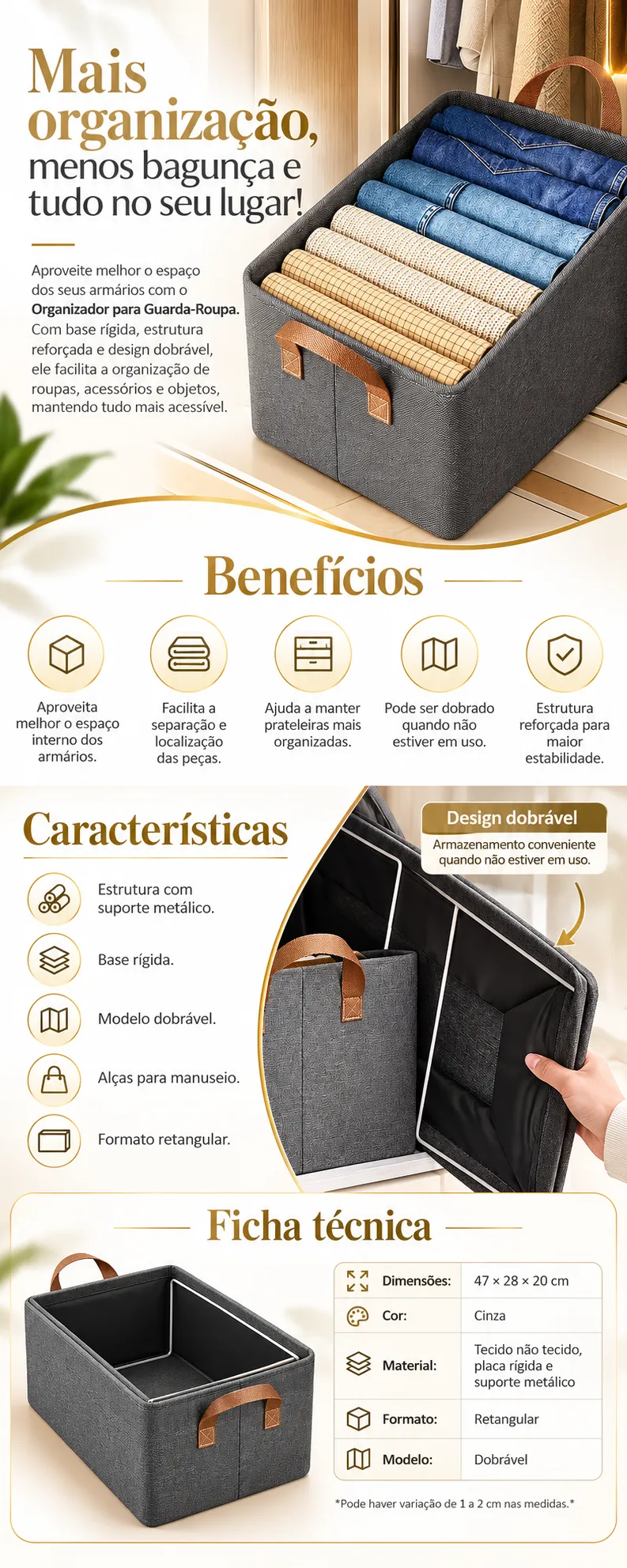 ORGANIZADOR GUARDA ROUPA Resistente com Suporte de Aço Placa de Fundo Rígida Com Alças Dobrável ✅