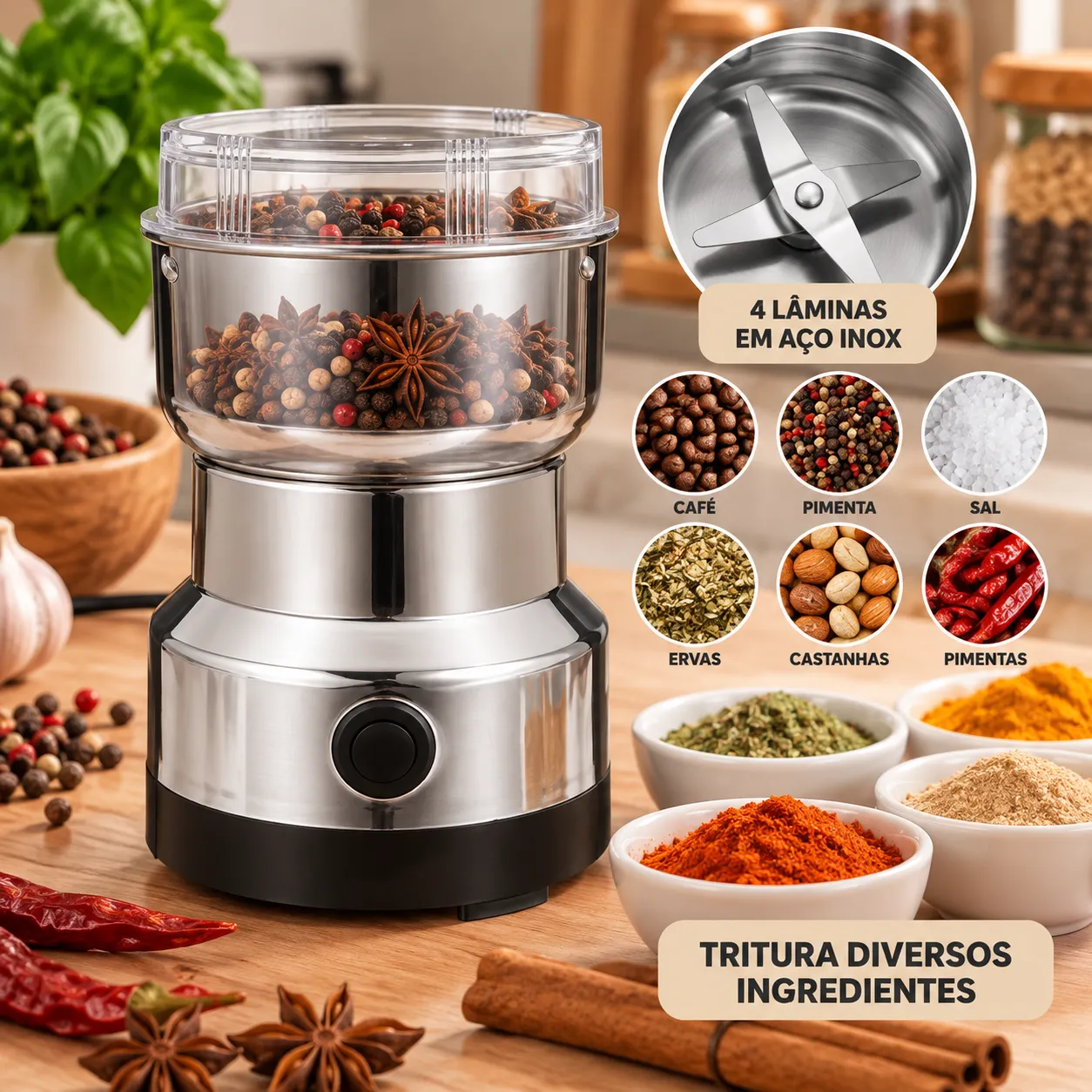 Triturador Elétrico de Alimentos com Lâminas em Aço Inox | Compacto e Potente