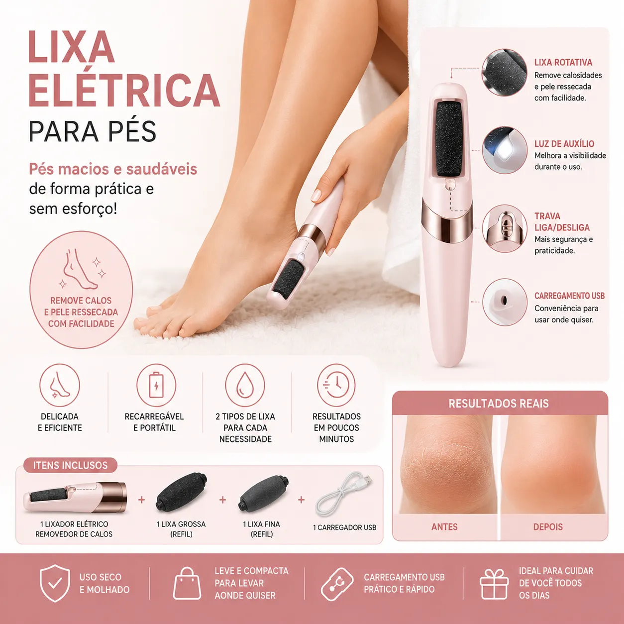 Lixador de Pé Elétrico - Esfoliador Tira Calos Pedicure Portátil