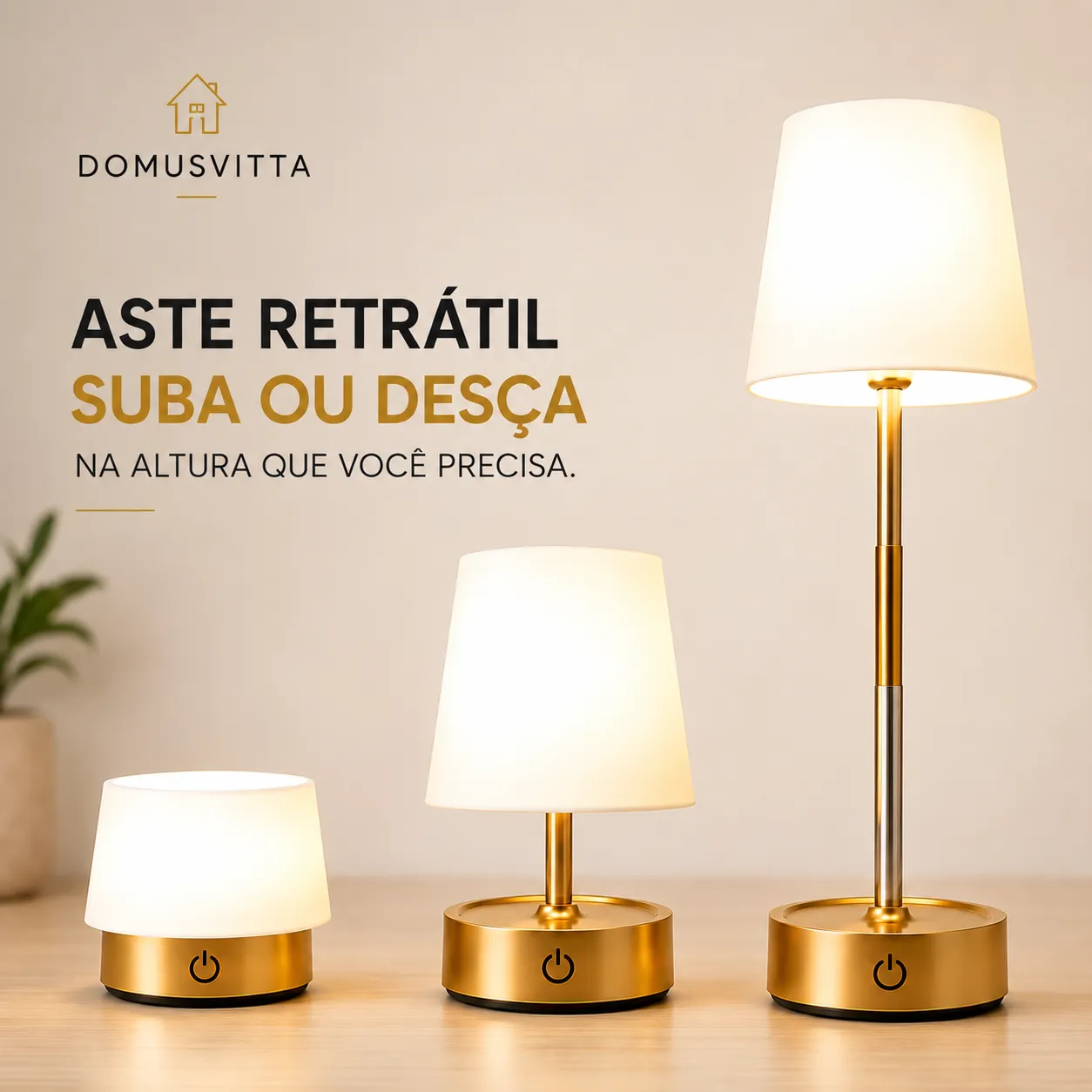 Abajur Recarregável Touch Luminária Retrátil em Aço com Luz de Led Branco Quente Ajustável-USB