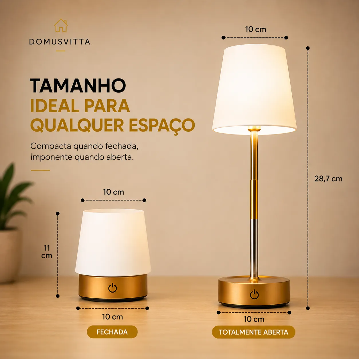 Abajur Recarregável Touch Luminária Retrátil em Aço com Luz de Led Branco Quente Ajustável-USB