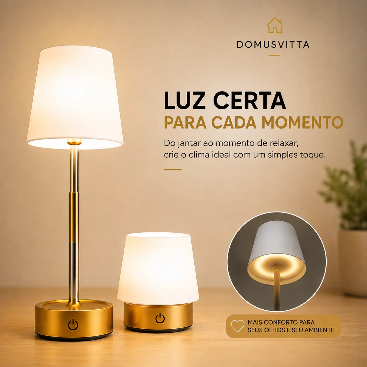 Abajur Recarregável Touch Luminária Retrátil em Aço com Luz de Led Branco Quente Ajustável-USB
