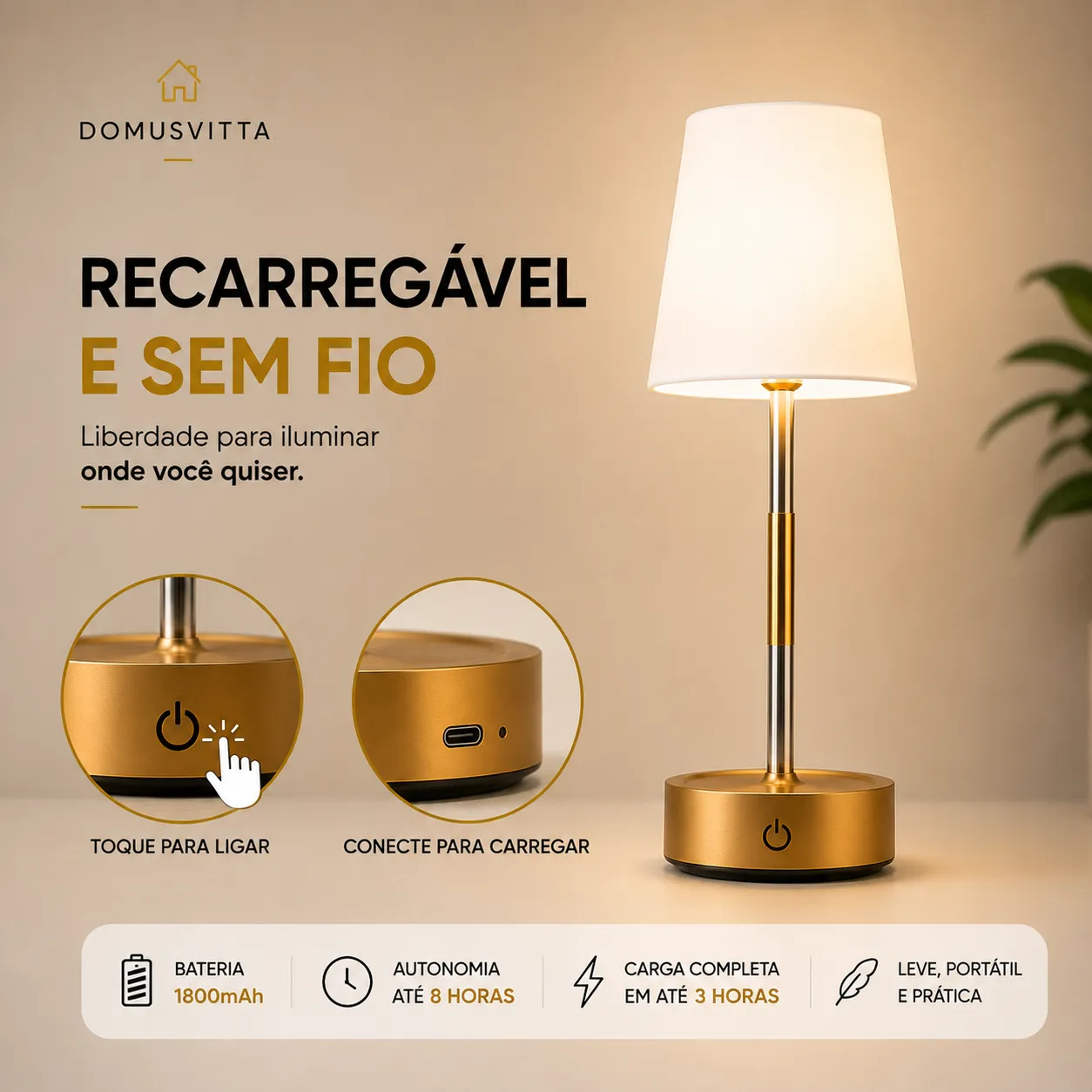 Abajur Recarregável Touch Luminária Retrátil em Aço com Luz de Led Branco Quente Ajustável-USB