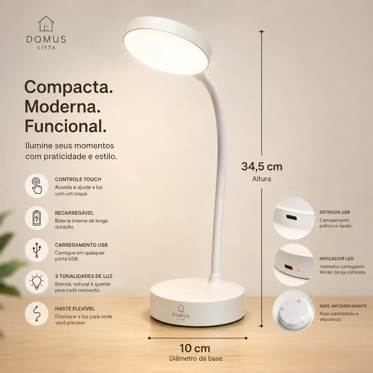 Luminária de Mesa LED Recarregável Touch com 3 Tons de Luz e Haste Flexível
