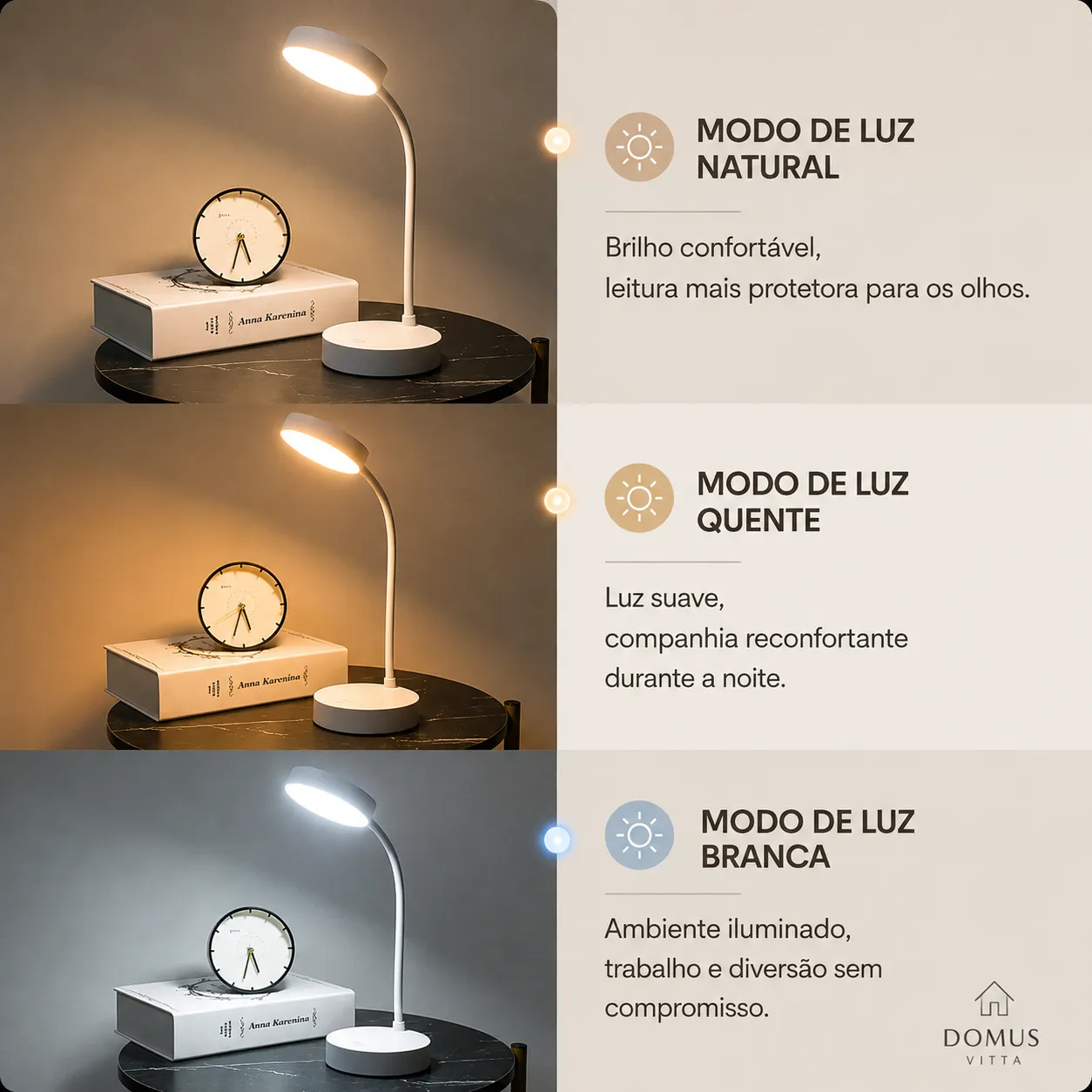 Luminária de Mesa LED Recarregável Touch com 3 Tons de Luz e Haste Flexível