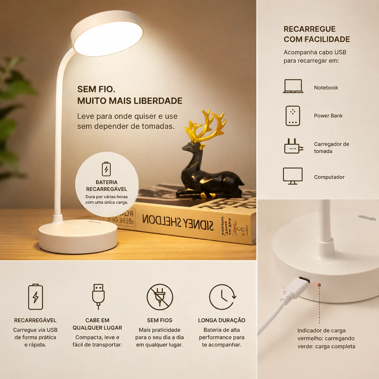 Luminária de Mesa LED Recarregável Touch com 3 Tons de Luz e Haste Flexível