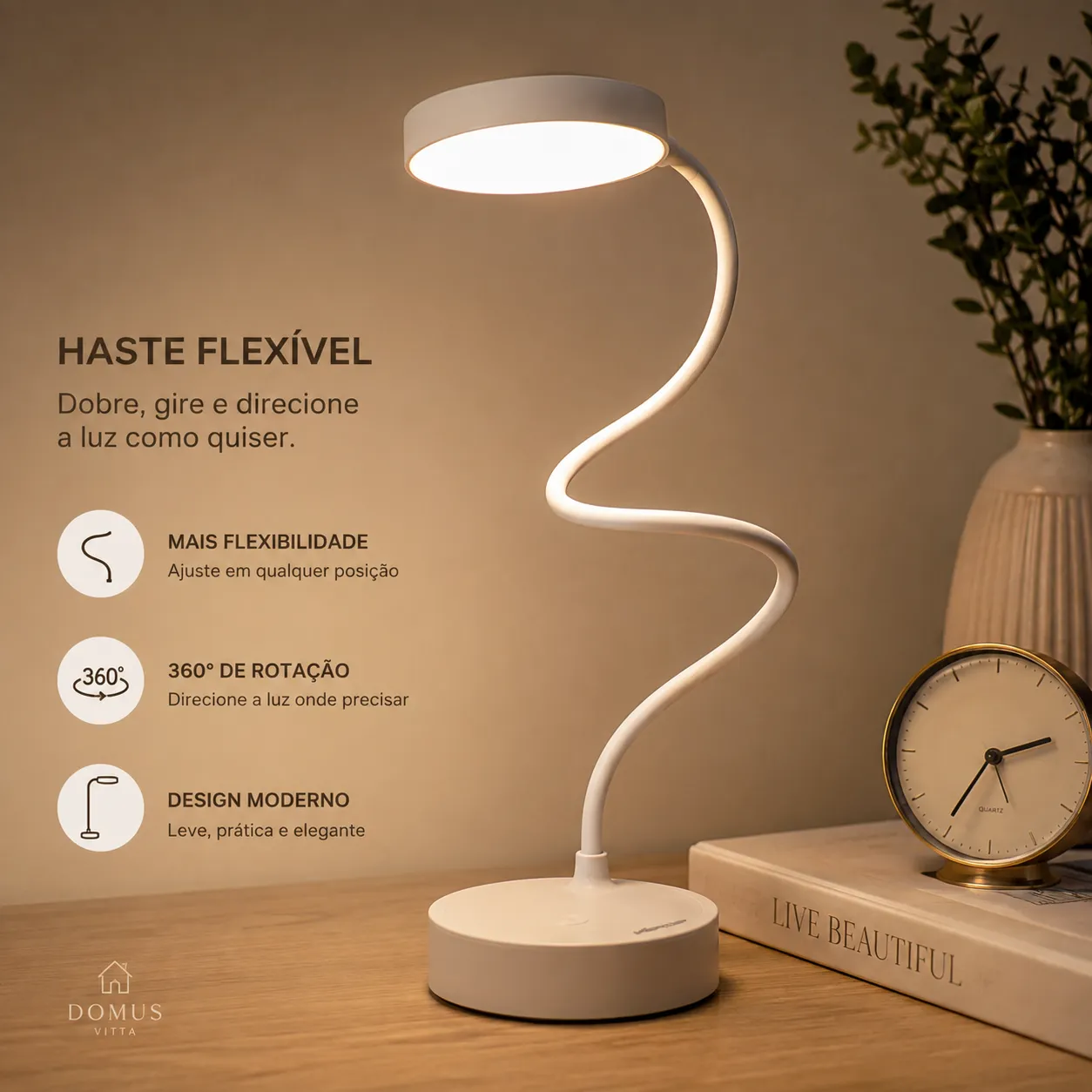 Luminária de Mesa LED Recarregável Touch com 3 Tons de Luz e Haste Flexível
