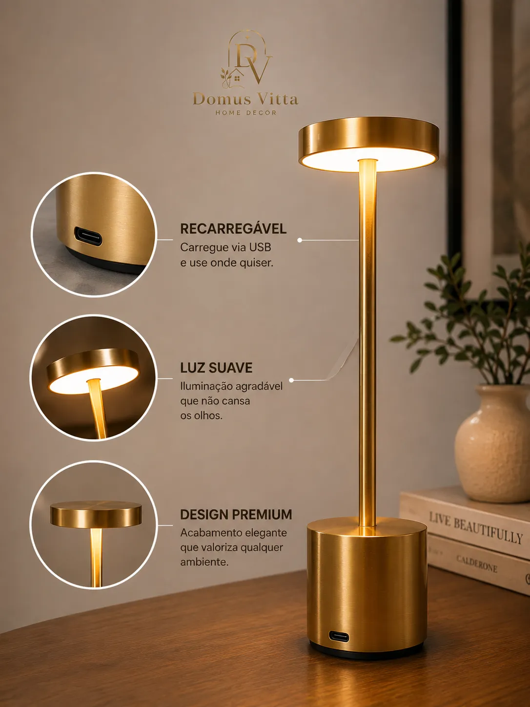 Luminária de Mesa Abajur Cabeceira Escrivaninha LED 3 em 1 Recarregável Tipo C Preto Cromado Dourado