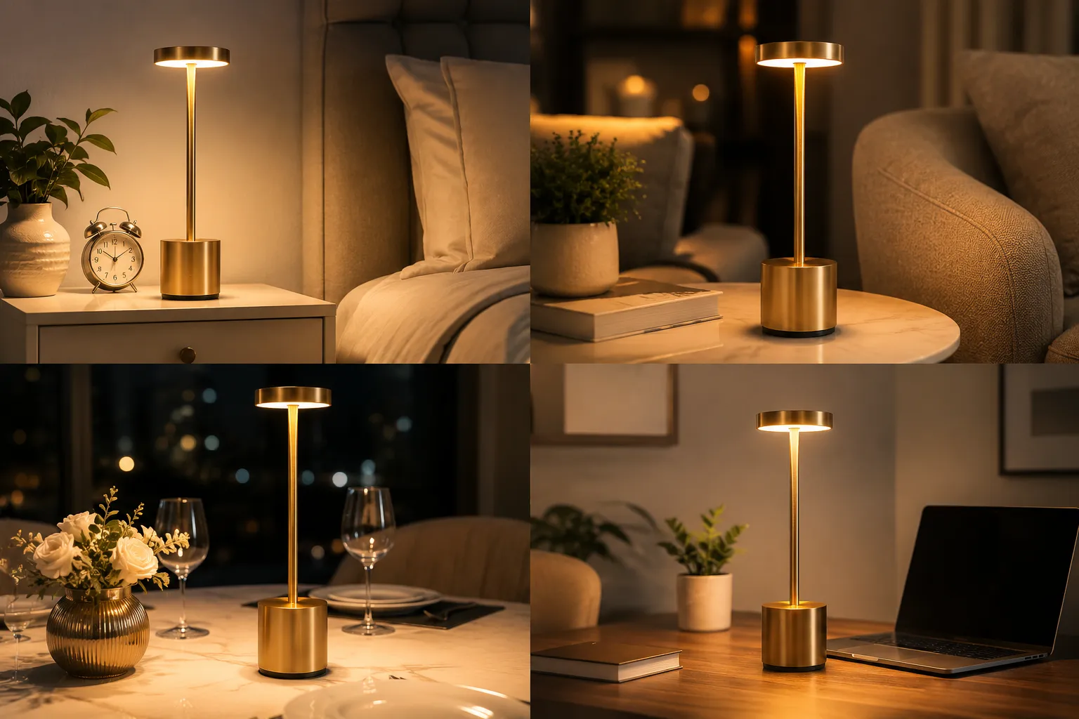Luminária de Mesa Abajur Cabeceira Escrivaninha LED 3 em 1 Recarregável Tipo C Preto Cromado Dourado