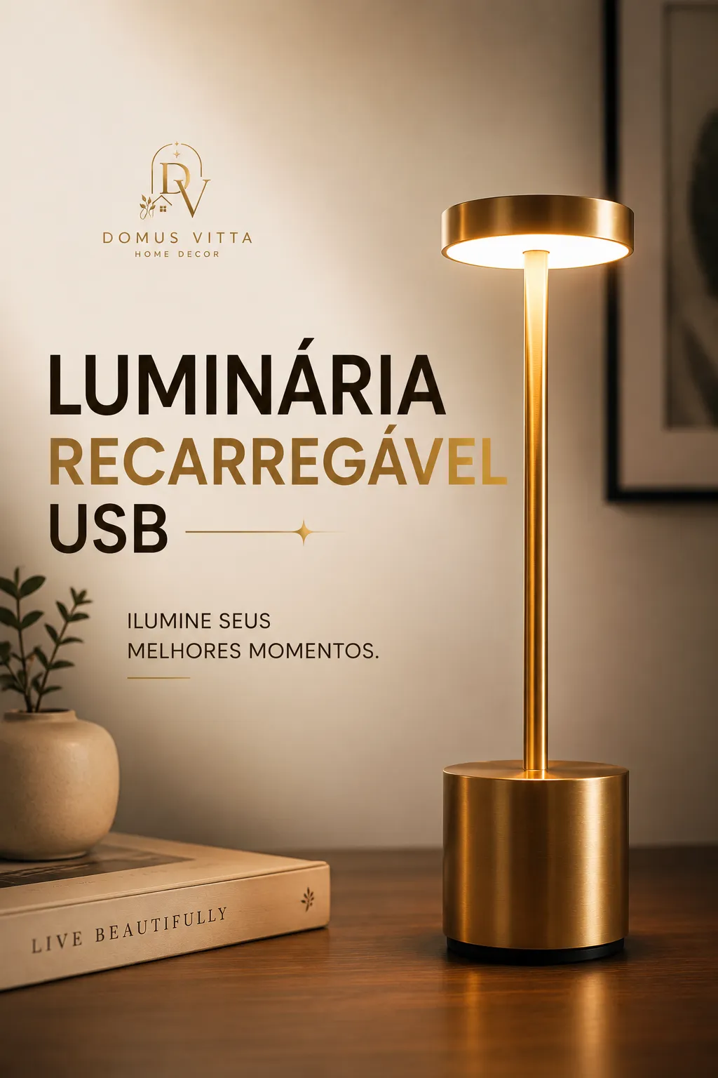 Luminária de Mesa Abajur Cabeceira Escrivaninha LED 3 em 1 Recarregável Tipo C Preto Cromado Dourado