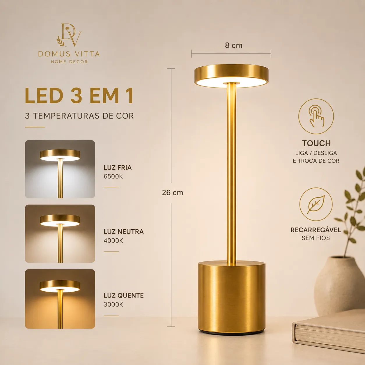 Luminária de Mesa Abajur Cabeceira Escrivaninha LED 3 em 1 Recarregável Tipo C Preto Cromado Dourado
