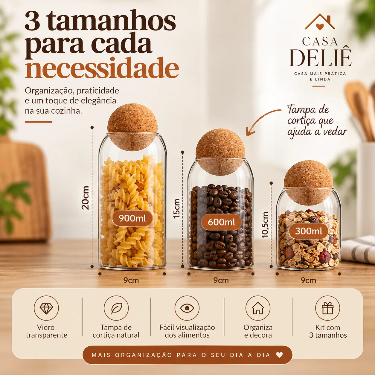 ✨ Kit 3 Potes de Vidro com Tampa