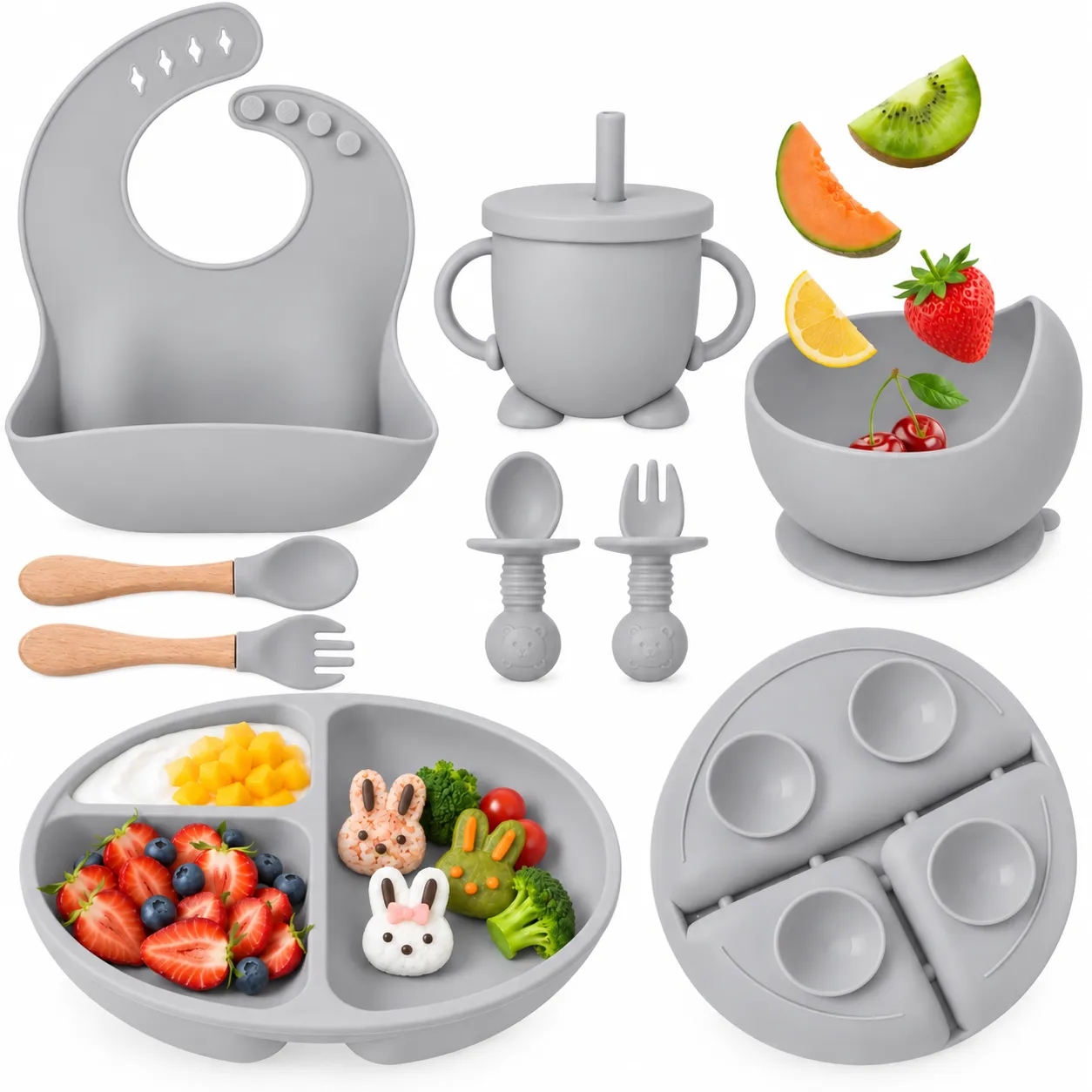 Kit 8 Peças para Alimentação do Bebê • Silicone + Ventosa • Talheres • Canudo • Babador