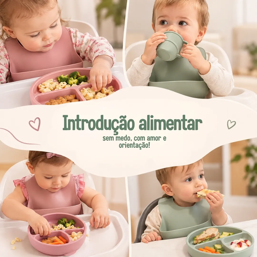 Kit 8 Peças para Alimentação do Bebê • Silicone + Ventosa • Talheres • Canudo • Babador