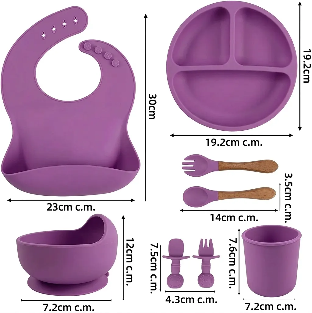 Kit 8 Peças para Alimentação do Bebê • Silicone + Ventosa • Talheres • Canudo • Babador