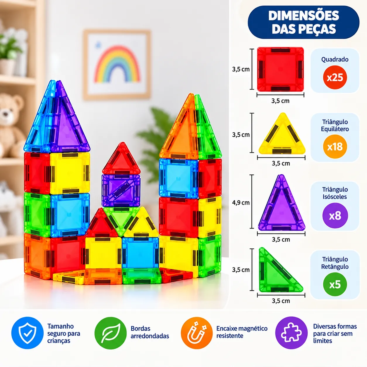 Kit Brinquedo Bloco Magnético de Construção com Imã Estojo Metal Educativo Bloquinhos de Montar que Grudam