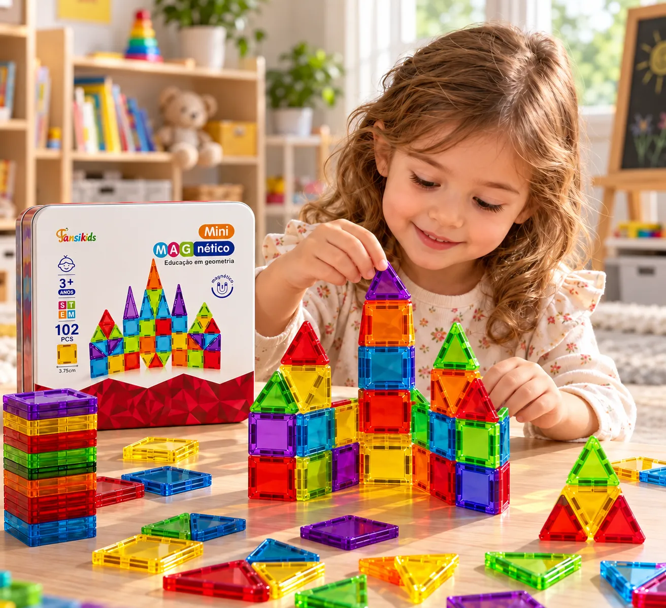 Kit Brinquedo Bloco Magnético de Construção com Imã Estojo Metal Educativo Bloquinhos de Montar que Grudam