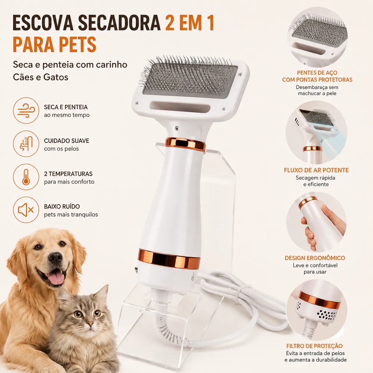 Escova Pet Secadora Elétrica para Secar e Remover Pelos de Gato e Cachorro Envio Rápido 110V