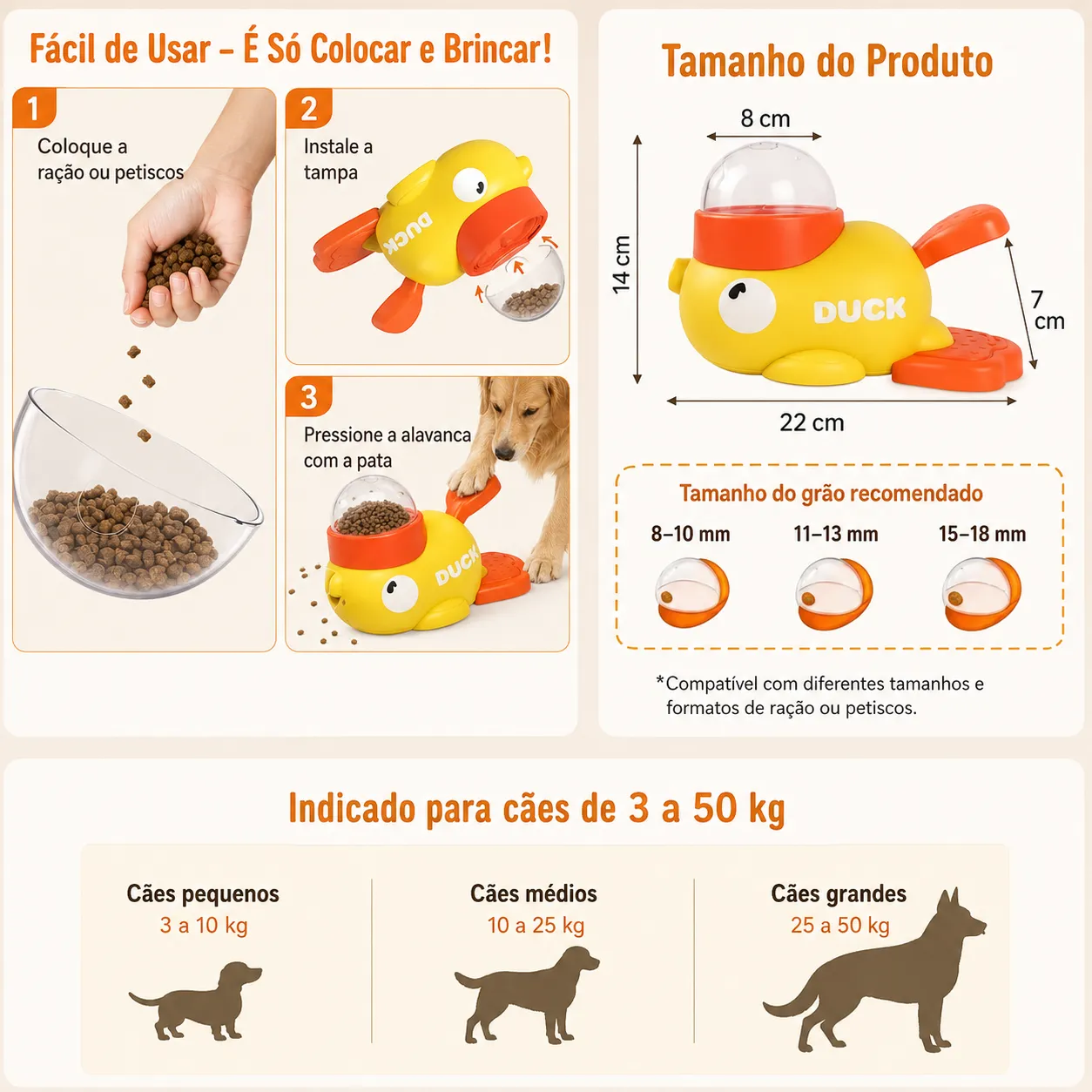 Brinquedo Interativo Pato Dispensador de Ração | Alimentador Tigela Lenta Divertida Para Cães e Gatos Petiscos e Ração