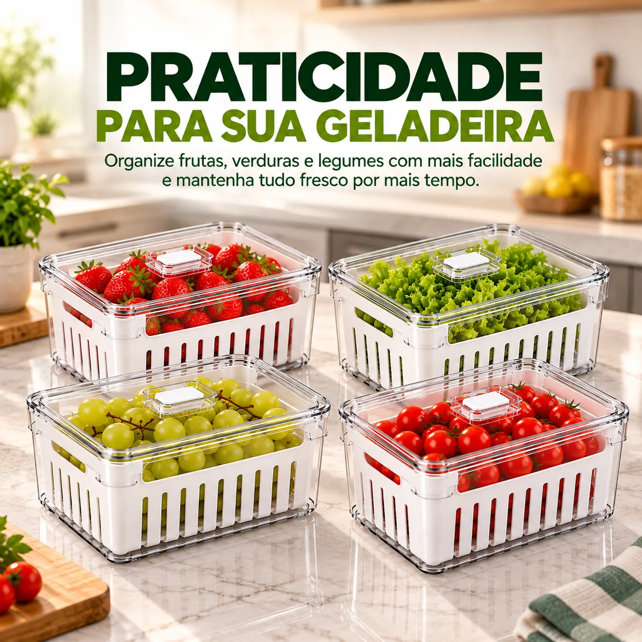 Kits Organizadores De Geladeira Clear Com Tampa E Cesto Drenagem