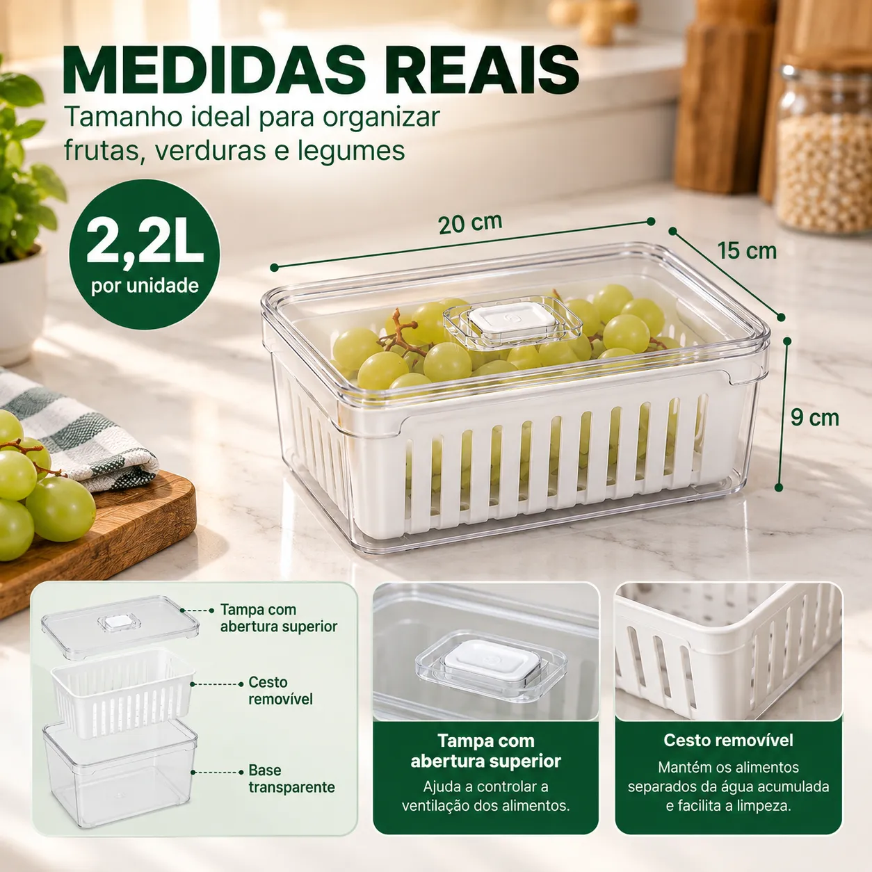 Kits Organizadores De Geladeira Clear Com Tampa E Cesto Drenagem