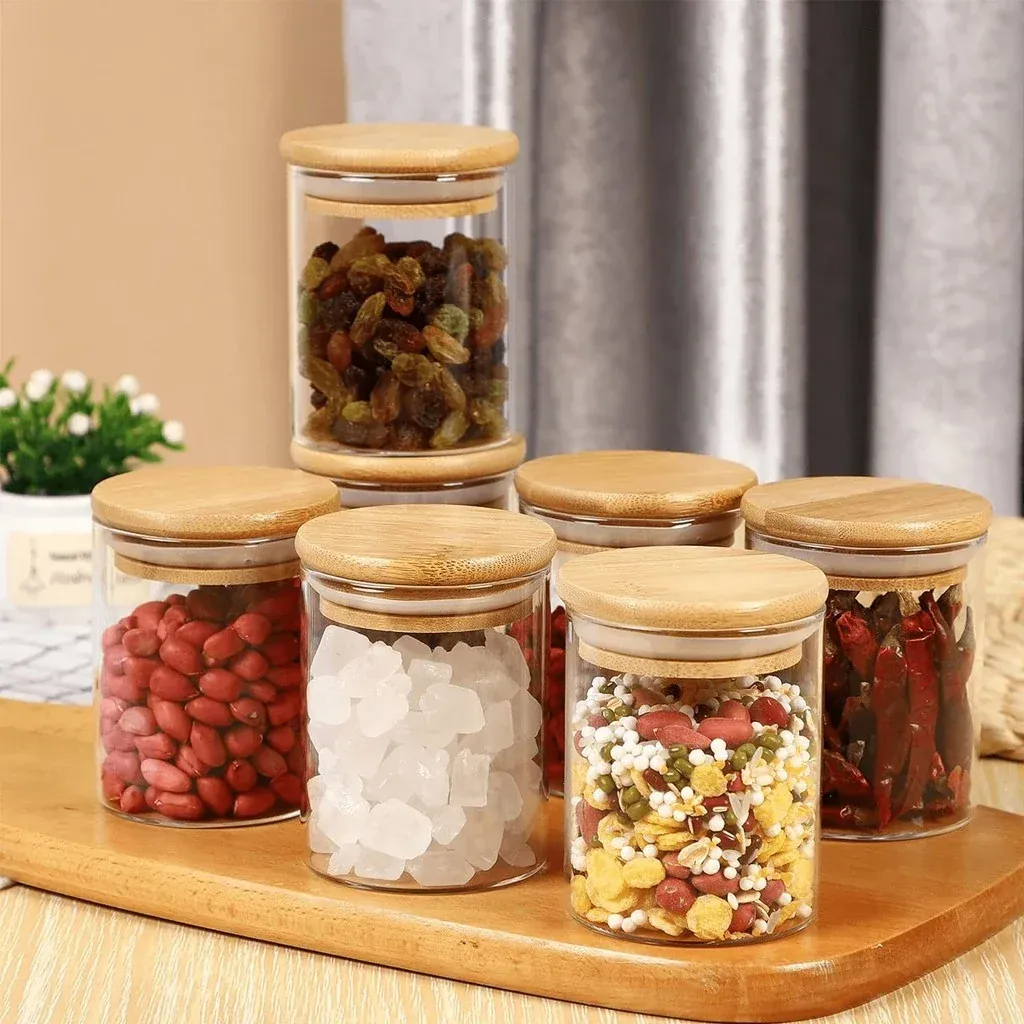 Belifou Kit 6 e 12 Potes Para Alimentos Com Tampa Bambu 200ML Potes De Vidro Para Especiarias