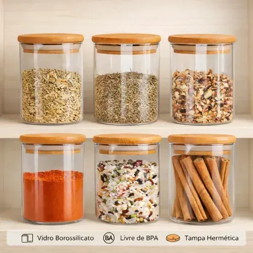 Belifou Kit 6 e 12 Potes Para Alimentos Com Tampa Bambu 200ML Potes De Vidro Para Especiarias