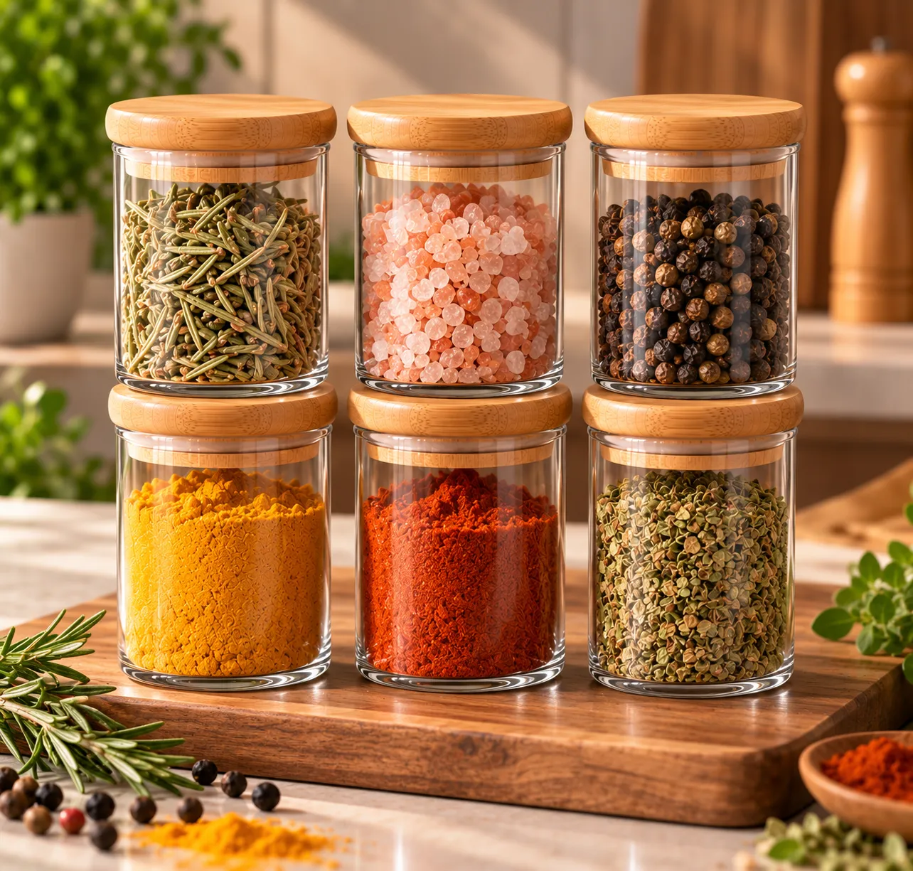 Belifou Kit 6 e 12 Potes Para Alimentos Com Tampa Bambu 200ML Potes De Vidro Para Especiarias