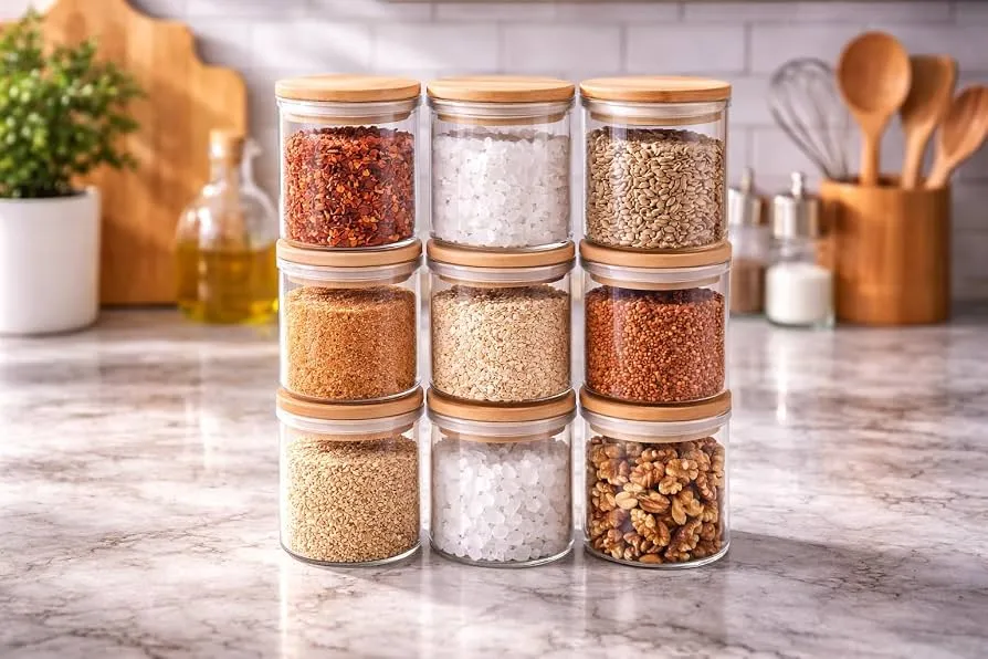 Belifou Kit 6 e 12 Potes Para Alimentos Com Tampa Bambu 200ML Potes De Vidro Para Especiarias