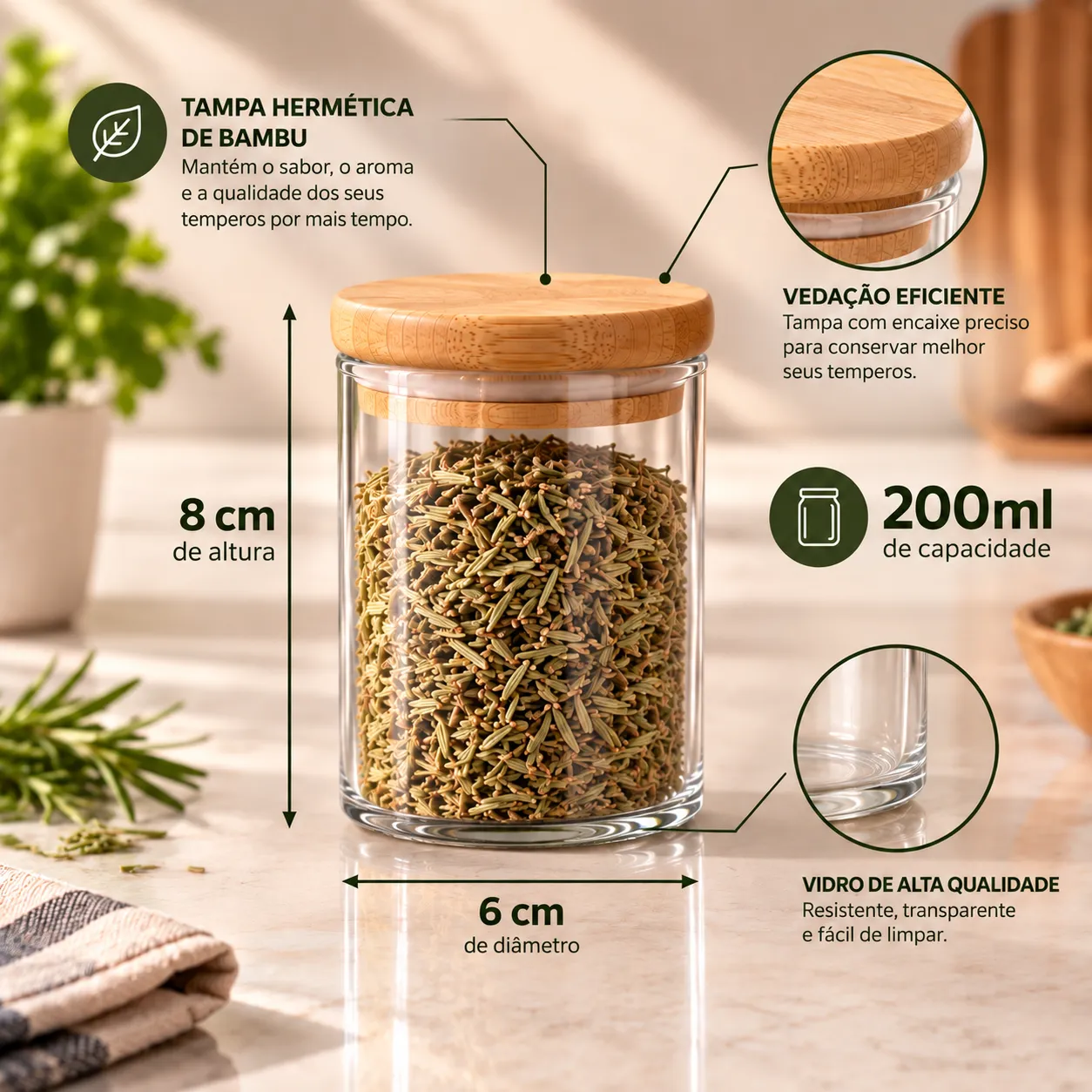Belifou Kit 6 e 12 Potes Para Alimentos Com Tampa Bambu 200ML Potes De Vidro Para Especiarias