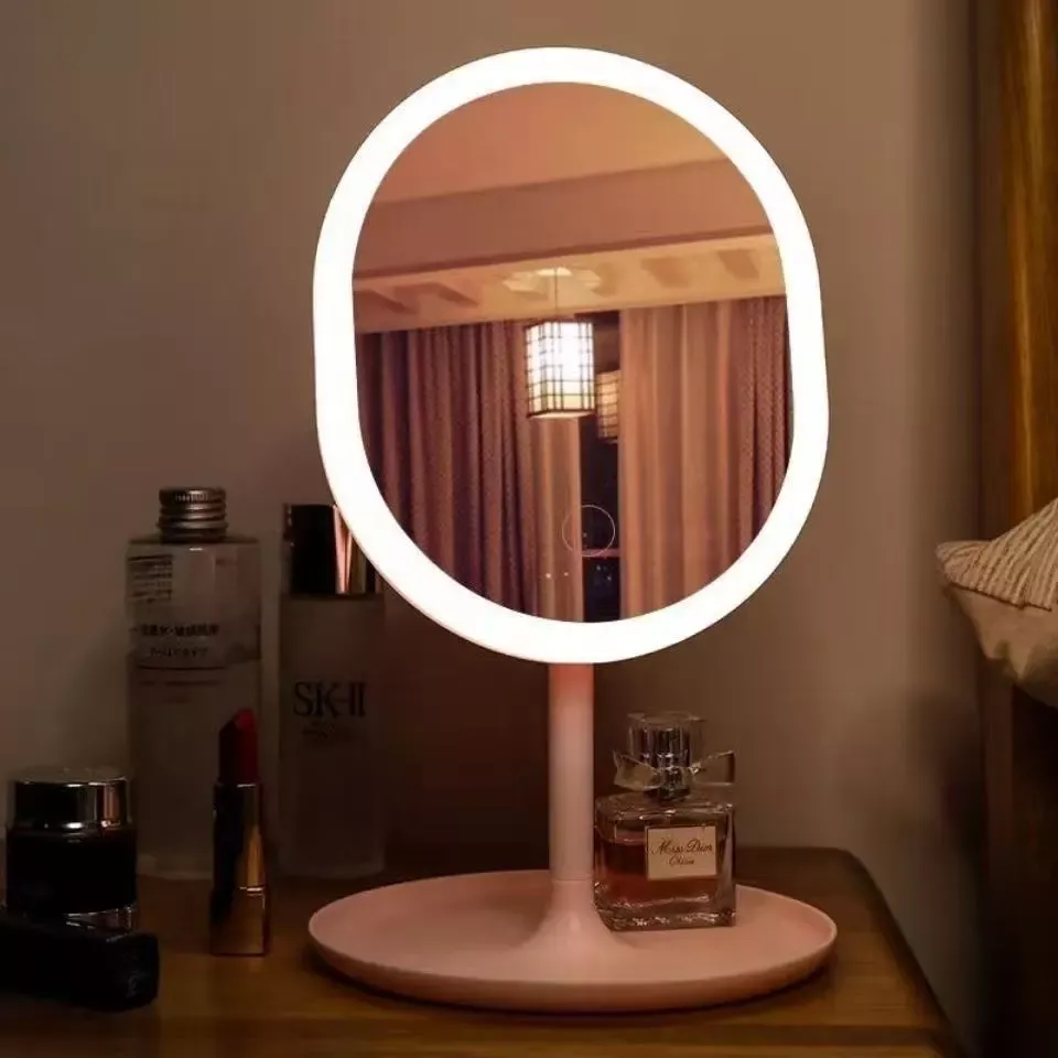 Espelho LED de Mesa com Bandeja Porta Maquiagem Luz 3 Cores Ajustável Touch USB