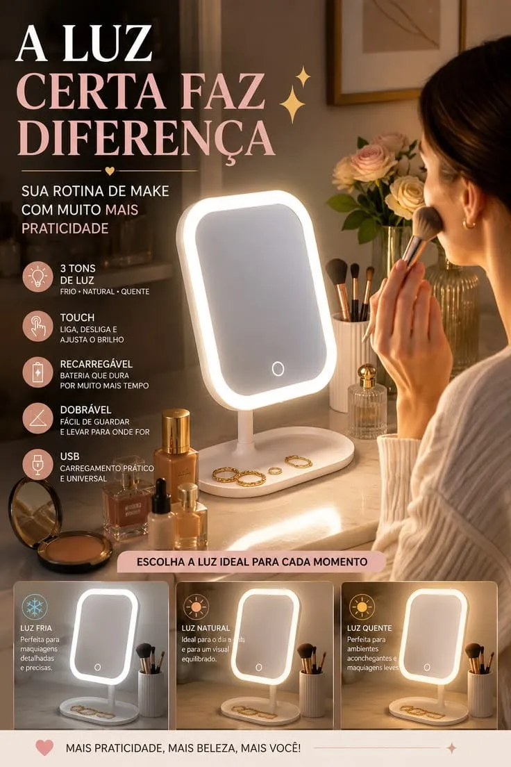 Espelho LED de Mesa com Bandeja Porta Maquiagem Luz 3 Cores Ajustável Touch USB