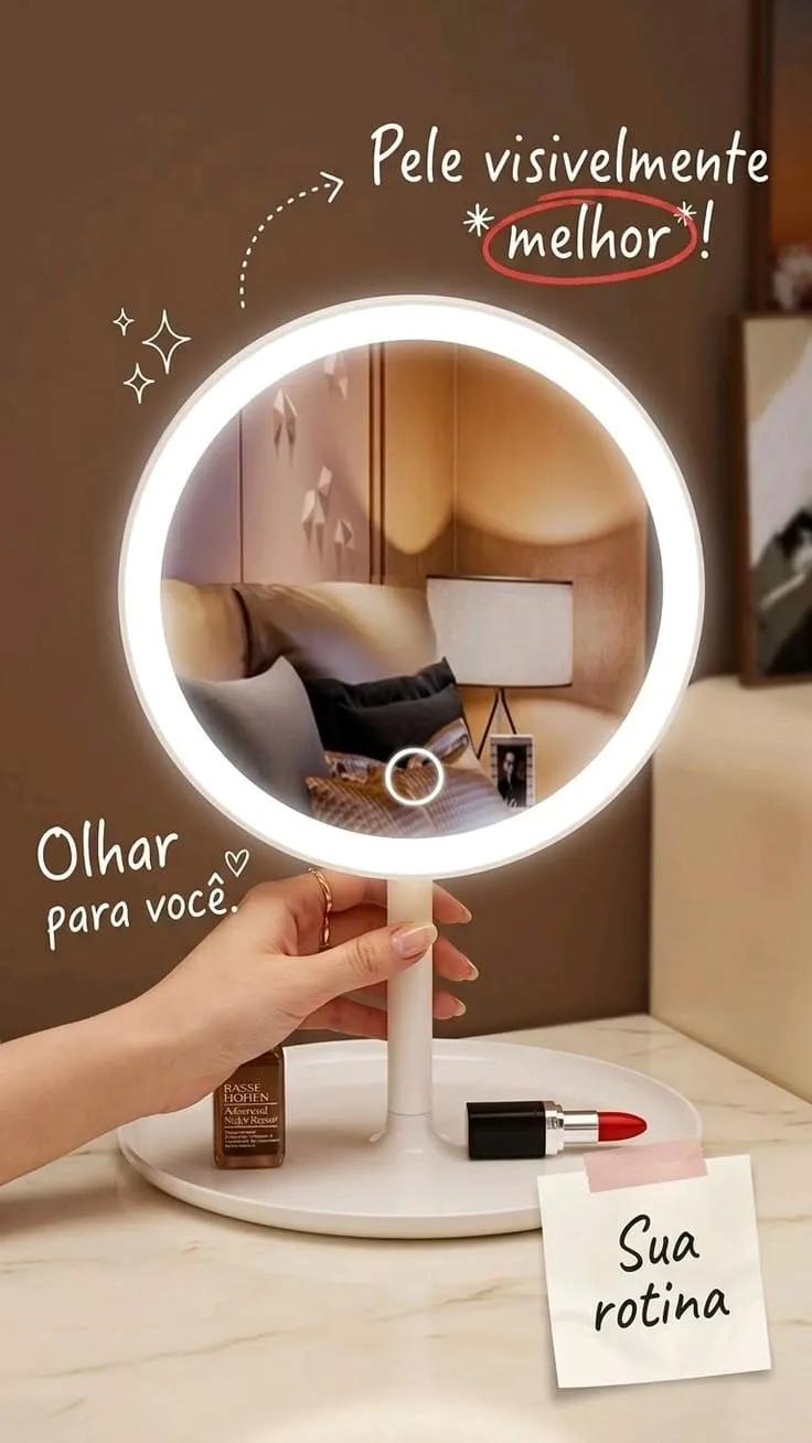 Espelho LED de Mesa com Bandeja Porta Maquiagem Luz 3 Cores Ajustável Touch USB