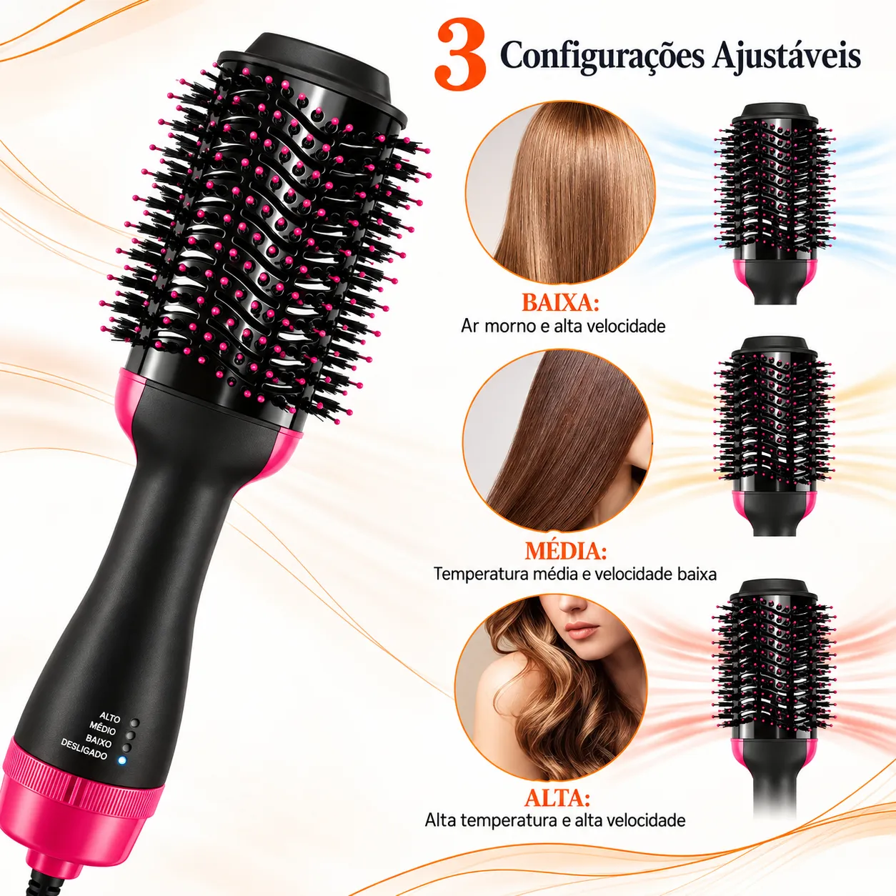 Escova Secadora Alisadora Modelador De Cabelo Elétrica Profissional Multifuncional 3 Em 1