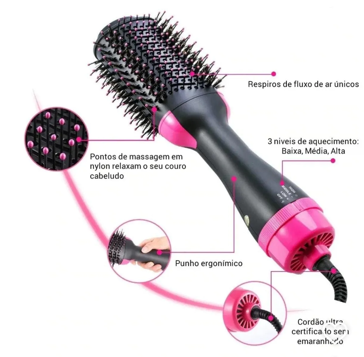 Escova Secadora Alisadora Modelador De Cabelo Elétrica Profissional Multifuncional 3 Em 1