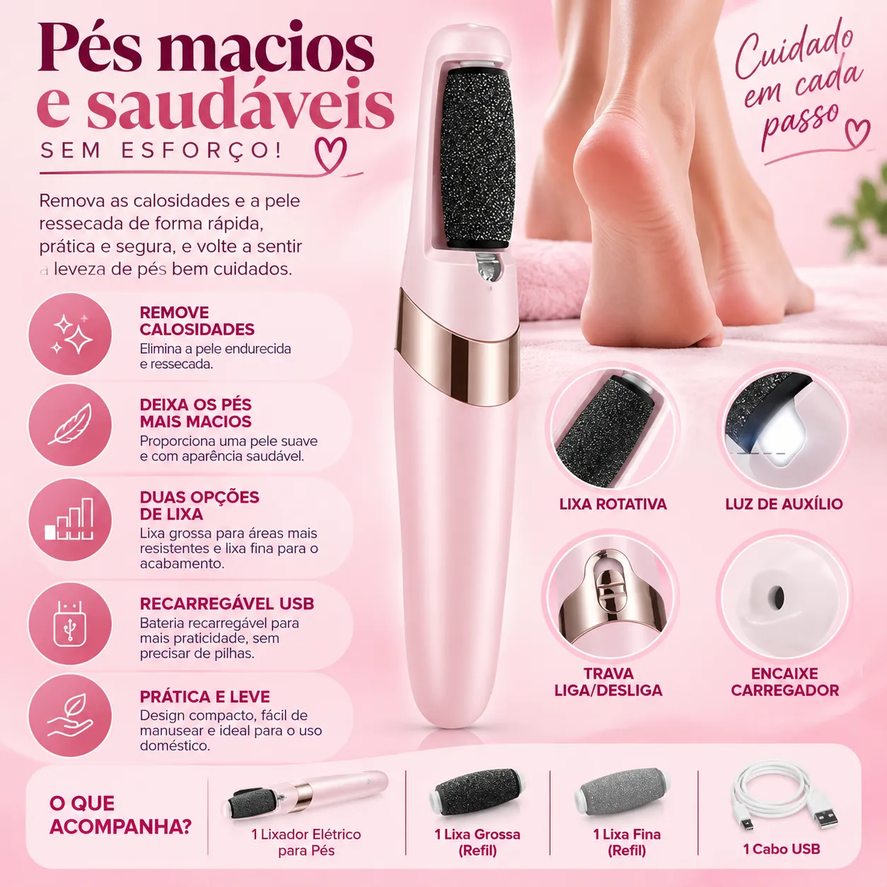 Lixa Elétrica para Pés Recarregável USB | Removedor de Calosidades com 2 Refis