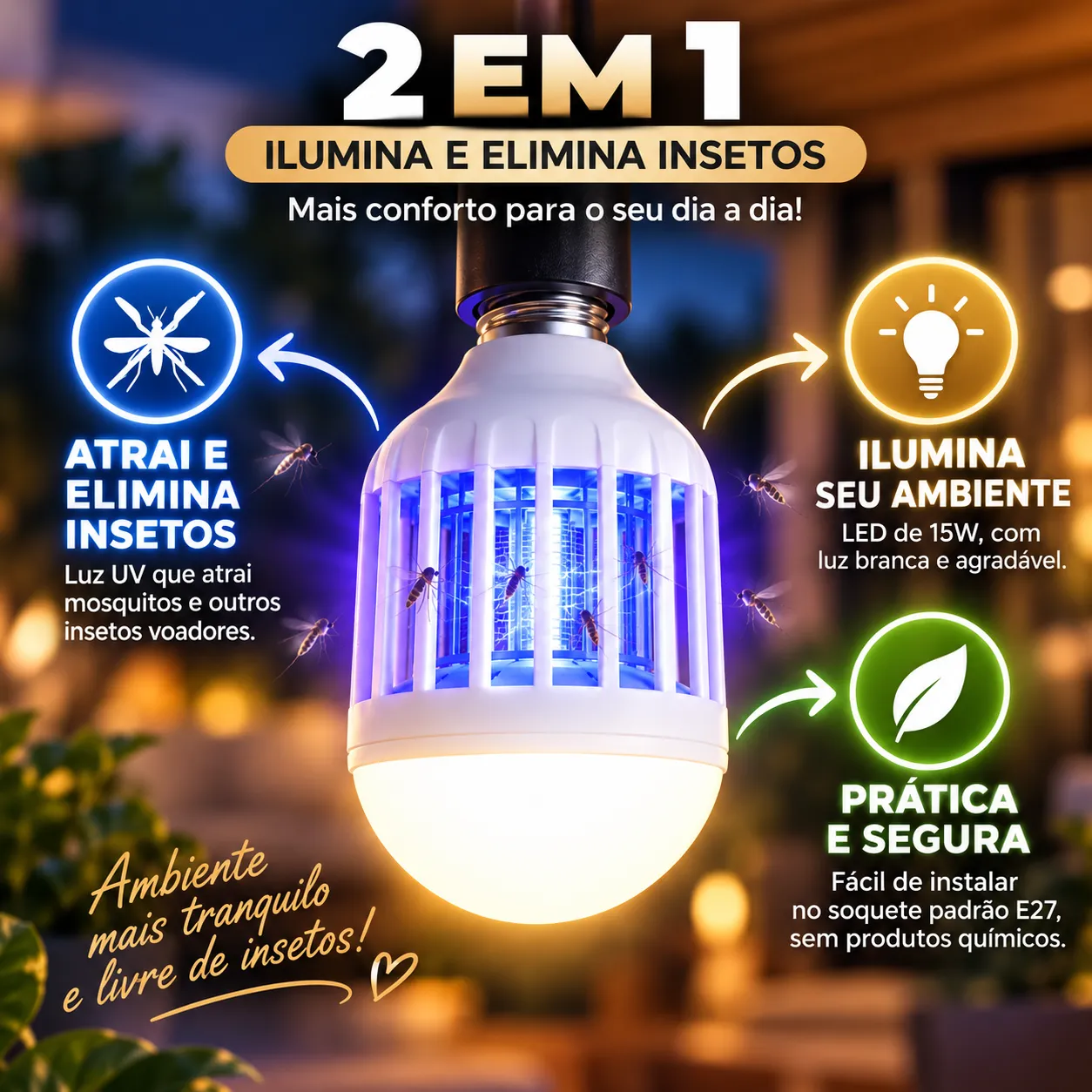 Kit De Lâmpada Led De 15 Watts Assassina De Mosquitos 110v
